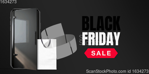 Image of Device with shopping bags, black friday, sales concept. Flyer with copyspace. Dark neoned background