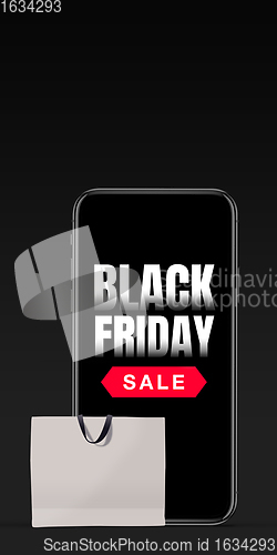 Image of Device with shopping bags, black friday, sales concept. Flyer with copyspace. Dark neoned background