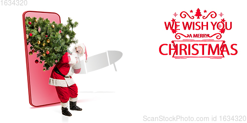 Image of Emotional Santa Claus greeting with New Year 2021 and Christmas. Flyer with copyspace