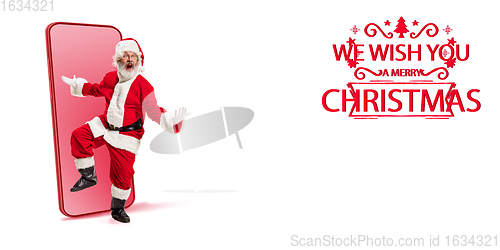 Image of Emotional Santa Claus greeting with New Year 2021 and Christmas. Flyer with copyspace