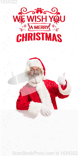 Image of Emotional Santa Claus greeting with New Year 2021 and Christmas. Flyer with copyspace