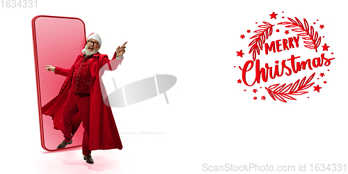 Image of Emotional Santa Claus greeting with New Year 2021 and Christmas. Flyer with copyspace