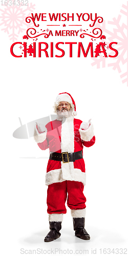 Image of Emotional Santa Claus greeting with New Year 2021 and Christmas. Flyer with copyspace