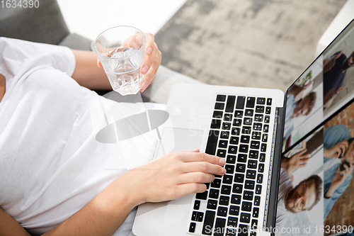 Image of Remote working from home. Workplace in home office with PC, devices and gadgets.