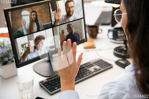 Image of Remote working from home. Workplace in home office with PC, devices and gadgets.