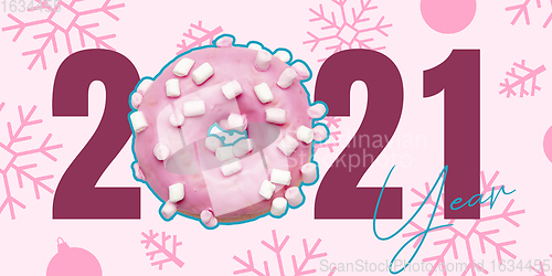 Image of Greeting card made of donut for New Year 2021 and Christmas. Flyer with copyspace