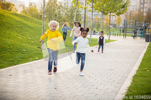 Image of Interracial group of kids, girls and boys playing together at the park in summer day