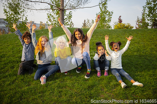 Image of Interracial group of kids, girls and boys playing together at the park in summer day