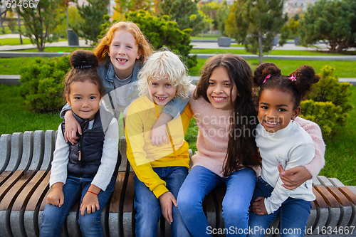 Image of Interracial group of kids, girls and boys playing together at the park in summer day