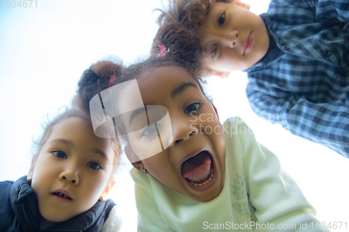 Image of Interracial group of kids, girls and boys playing together at the park in summer day