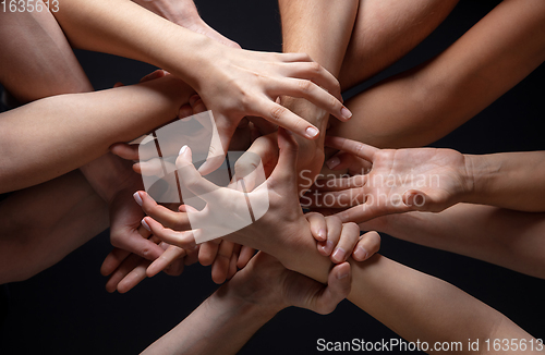 Image of Hands of people\'s crowd in touch isolated on black studio background. Concept of human relation, community, togetherness, symbolism