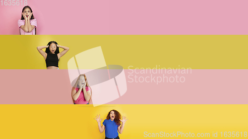 Image of Young happy caucasian kids gesturing isolated on multicolored studio background. Human emotions, facial expression concept. Collage