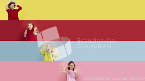 Image of Young happy caucasian kids gesturing isolated on multicolored studio background. Human emotions, facial expression concept. Collage