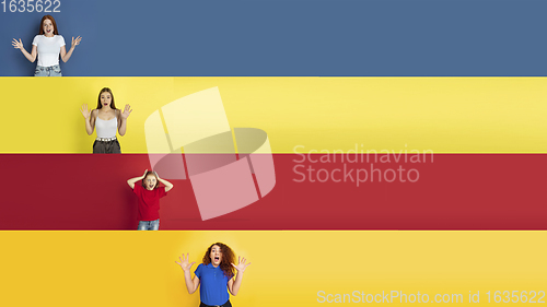 Image of Young happy caucasian kids gesturing isolated on multicolored studio background. Human emotions, facial expression concept. Collage