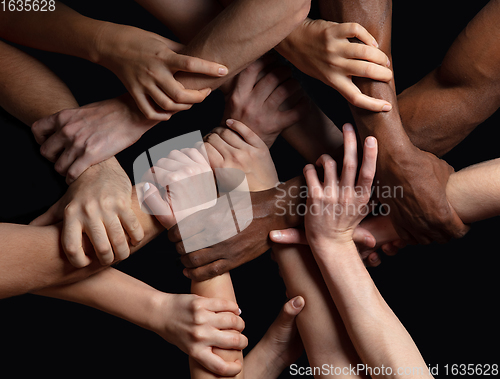 Image of Hands of people\'s crowd in touch isolated on black studio background. Concept of human relation, community, togetherness, symbolism