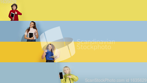 Image of Young happy caucasian kids gesturing isolated on multicolored studio background. Human emotions, facial expression concept. Collage