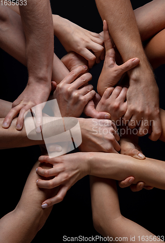 Image of Hands of people\'s crowd in touch isolated on black studio background. Concept of human relation, community, togetherness, symbolism