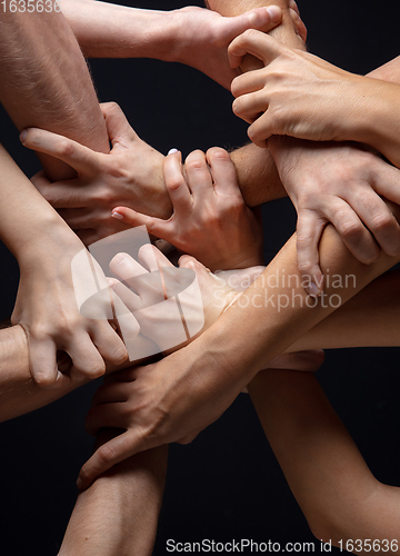 Image of Hands of people\'s crowd in touch isolated on black studio background. Concept of human relation, community, togetherness, symbolism