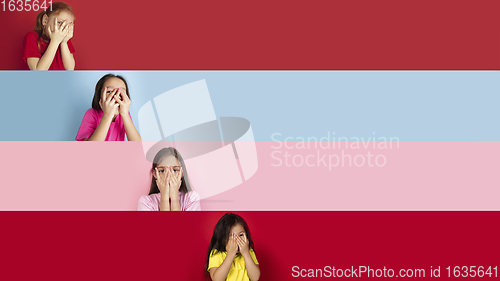 Image of Young happy caucasian kids gesturing isolated on multicolored studio background. Human emotions, facial expression concept. Collage