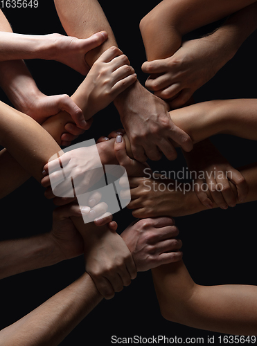 Image of Hands of people\'s crowd in touch isolated on black studio background. Concept of human relation, community, togetherness, symbolism