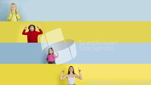 Image of Young happy caucasian kids gesturing isolated on multicolored studio background. Human emotions, facial expression concept. Collage