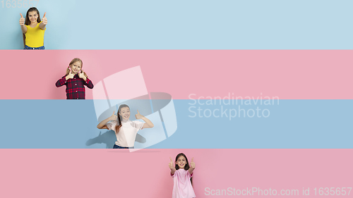 Image of Young happy caucasian kids gesturing isolated on multicolored studio background. Human emotions, facial expression concept. Collage