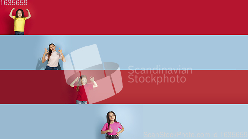 Image of Young happy caucasian kids gesturing isolated on multicolored studio background. Human emotions, facial expression concept. Collage