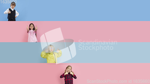 Image of Young happy caucasian kids gesturing isolated on multicolored studio background. Human emotions, facial expression concept. Collage