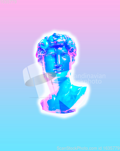 Image of Trendy neon lighted statue portrait and background. Modern design. Contemporary art collage.