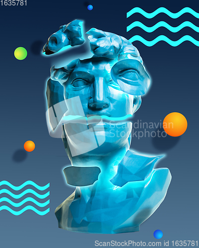 Image of Trendy neon lighted statue portrait and background. Modern design. Contemporary art collage.