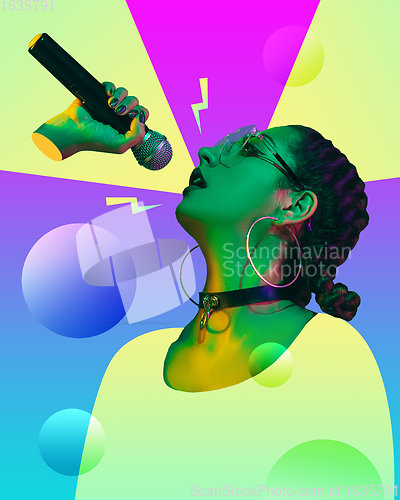 Image of Trendy neon lighted portrait and background. Modern design. Contemporary art collage.