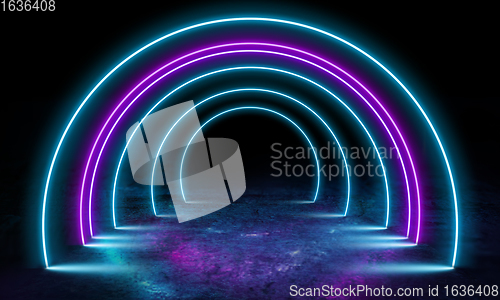 Image of Neoned lines futuristic aesthetics. Glowing neon futuristic style on smoked dark background. Wallpaper, background.