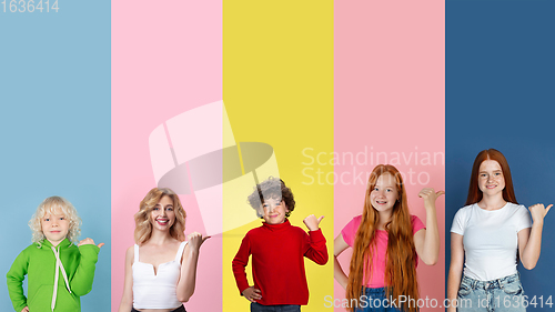 Image of Young people pointing at sides on multicolored background. Human emotions, facial expression concept. Trendy colors. Creative collage.