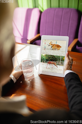 Image of Remote working. Workplace in bar, restaurant office with PC, devices and gadgets.