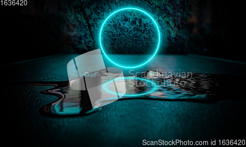 Image of Neoned lines futuristic aesthetics. Glowing neon futuristic style on smoked dark background. Wallpaper, background.