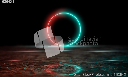 Image of Neoned lines futuristic aesthetics. Glowing neon futuristic style on smoked dark background. Wallpaper, background.