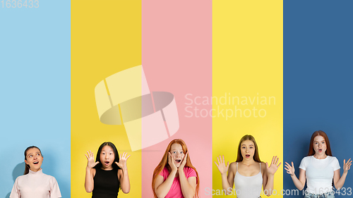 Image of Young people look astonished, wondered on multicolored background. Human emotions, facial expression concept. Trendy colors. Creative collage.