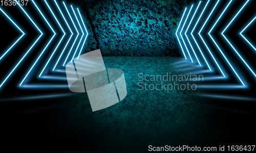 Image of Neoned lines futuristic aesthetics. Glowing neon futuristic style on smoked dark background. Wallpaper, background.