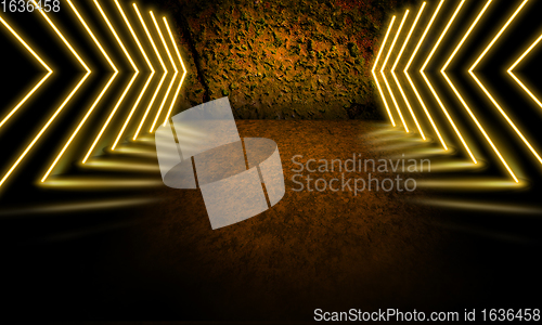 Image of Neoned lines futuristic aesthetics. Glowing neon futuristic style on smoked dark background. Wallpaper, background.