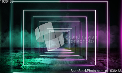 Image of Neoned lines futuristic aesthetics. Glowing neon futuristic style on smoked dark background. Wallpaper, background.