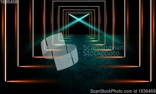 Image of Neoned lines futuristic aesthetics. Glowing neon futuristic style on smoked dark background. Wallpaper, background.