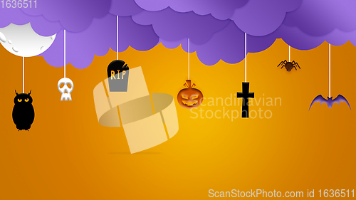 Image of Cartoon styled skulls and purple clouds on orange background, the night of fear