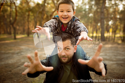 Image of Father and son walking and having fun in autumn forest, look happy and sincere