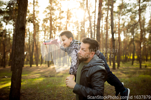 Image of Father and son walking and having fun in autumn forest, look happy and sincere