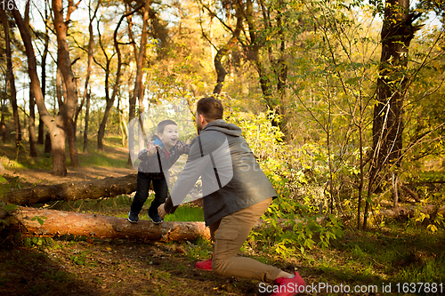 Image of Father and son walking and having fun in autumn forest, look happy and sincere