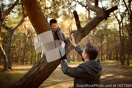 Image of Father and son walking and having fun in autumn forest, look happy and sincere