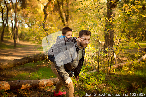 Image of Father and son walking and having fun in autumn forest, look happy and sincere