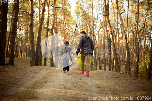 Image of Father and son walking and having fun in autumn forest, look happy and sincere