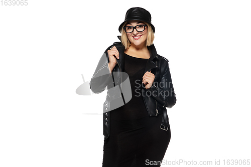 Image of Beautiful young woman in black attire, stylish outfit isolated on white studio background