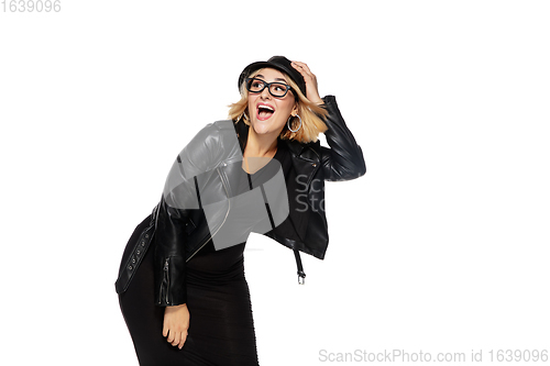 Image of Beautiful young woman in black attire, stylish outfit isolated on white studio background